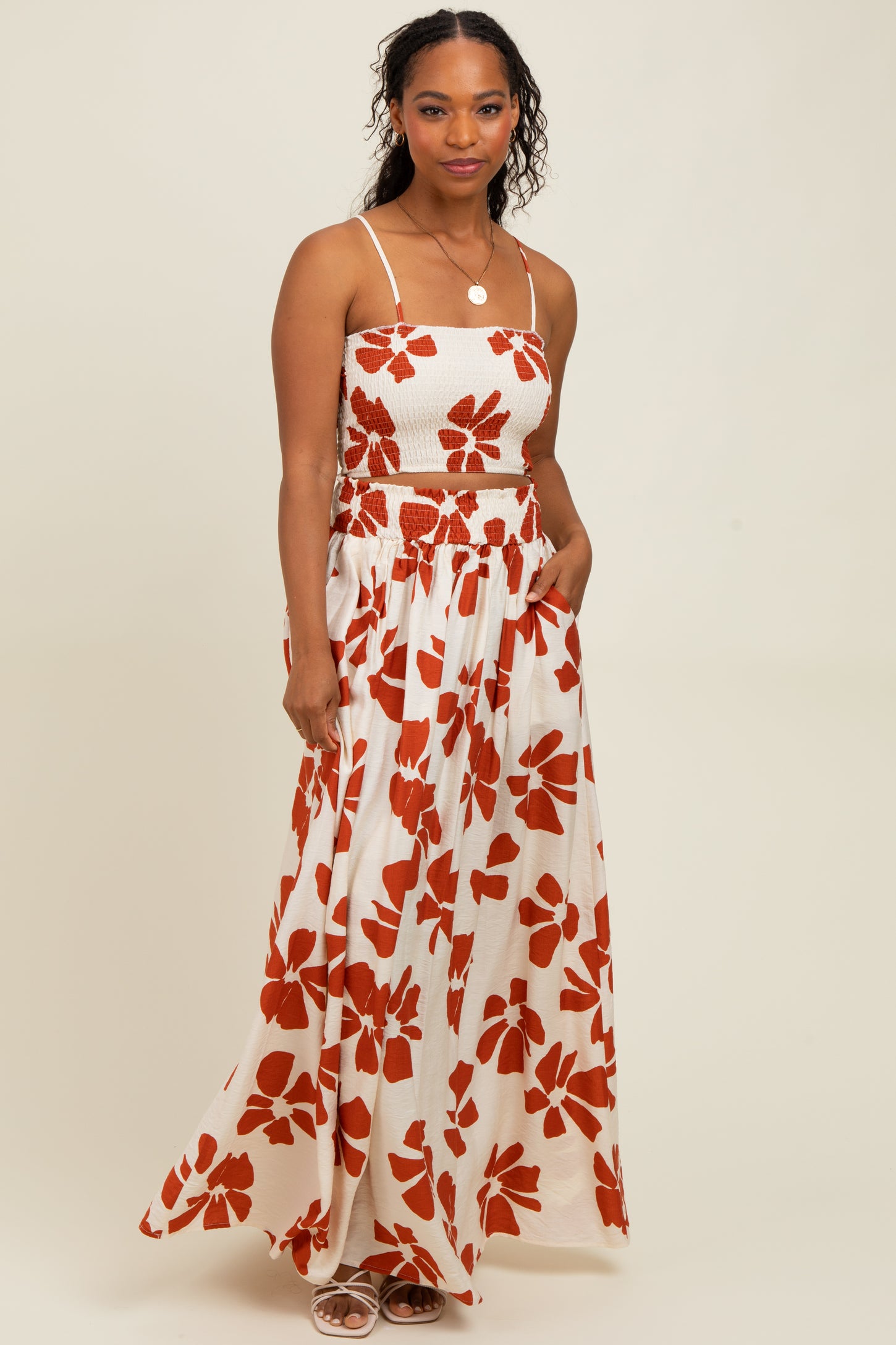 Rust Floral Smocked Top With Maxi Skirt Set