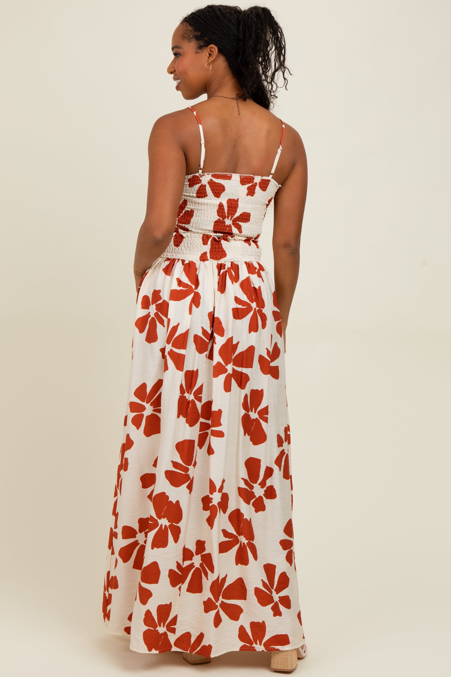 Rust Floral Smocked Top With Maxi Skirt Set