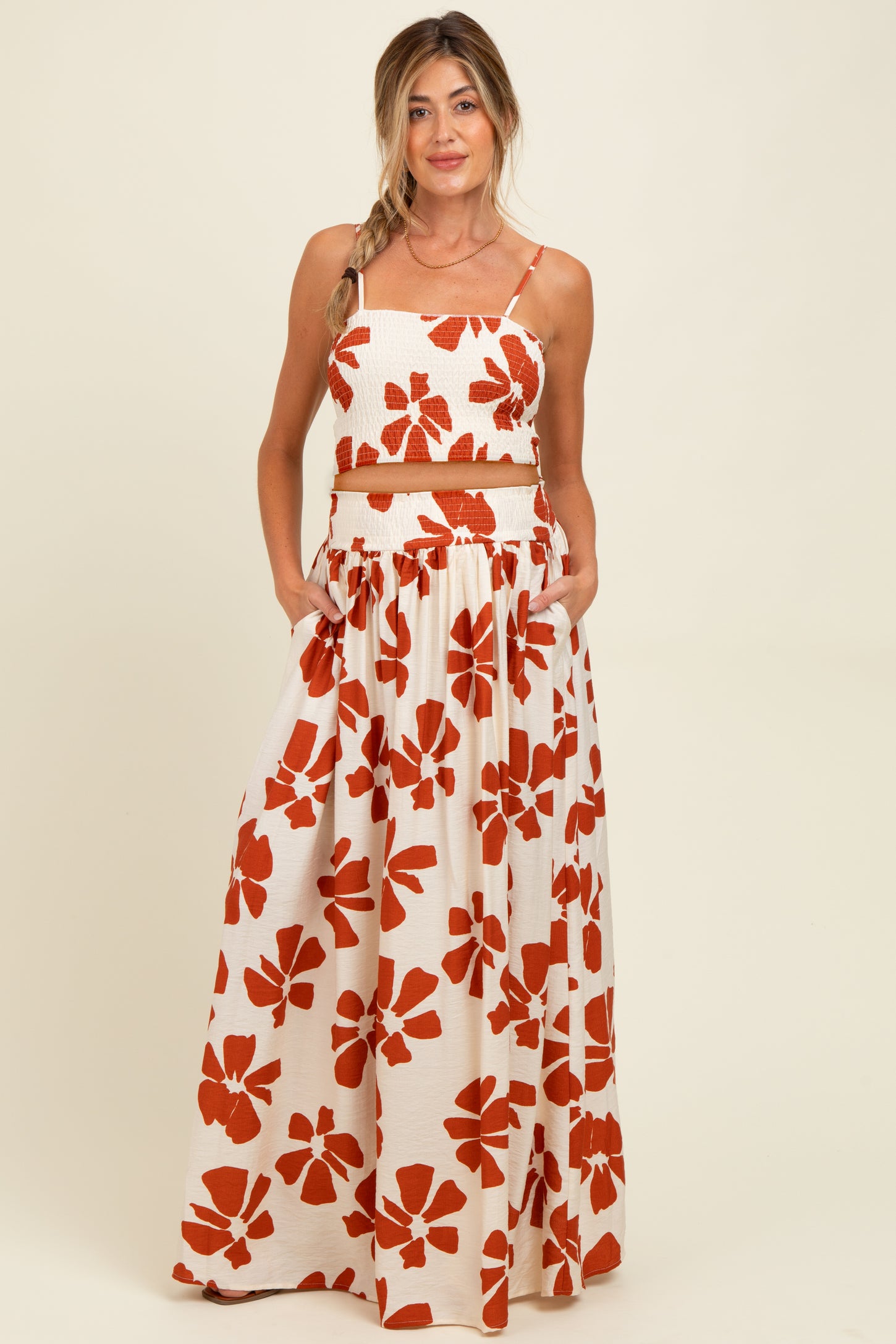 Rust Floral Smocked Top With Maxi Skirt Maternity Set