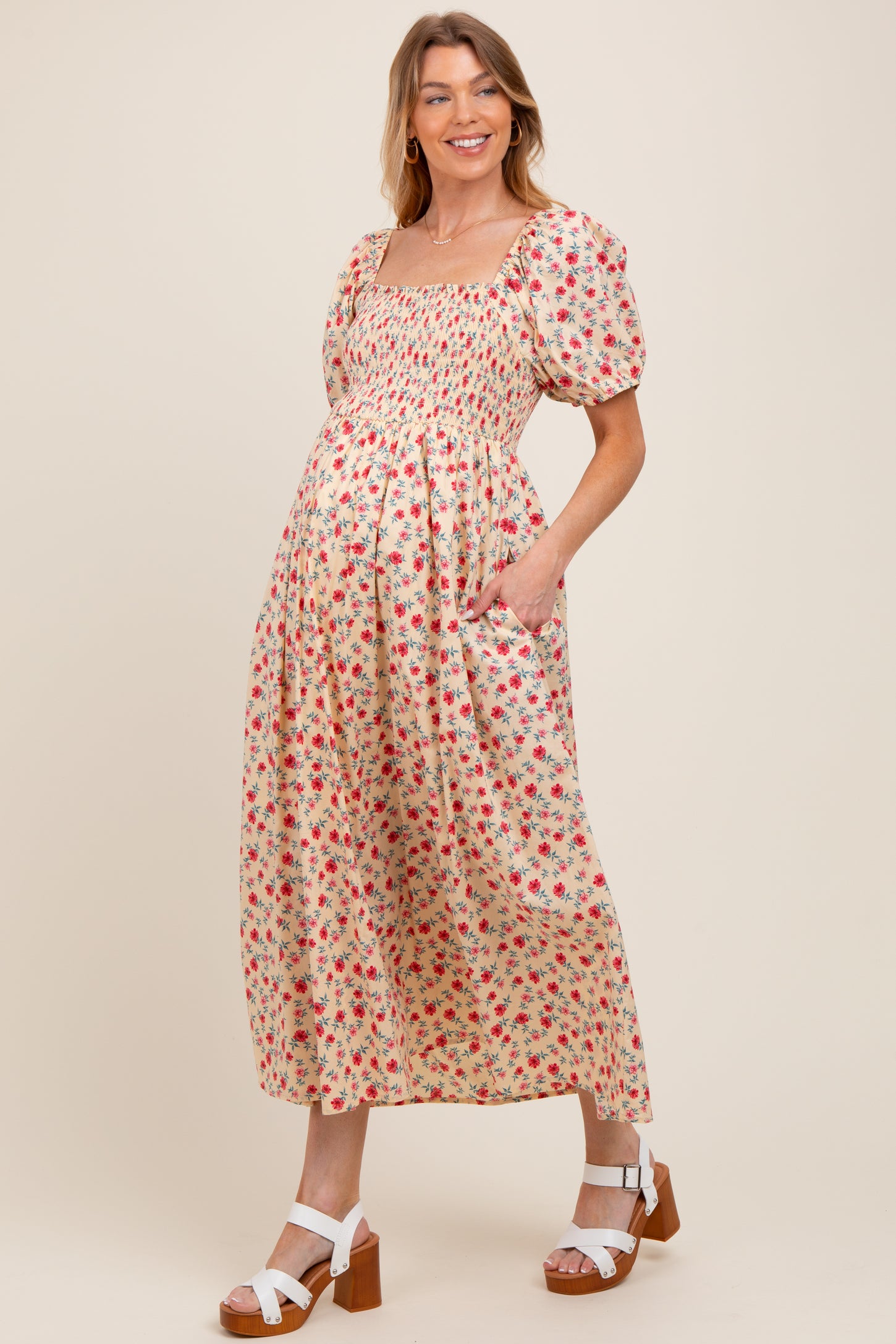 Cream Cotton Poplin Floral Smocked Maternity Midi Dress