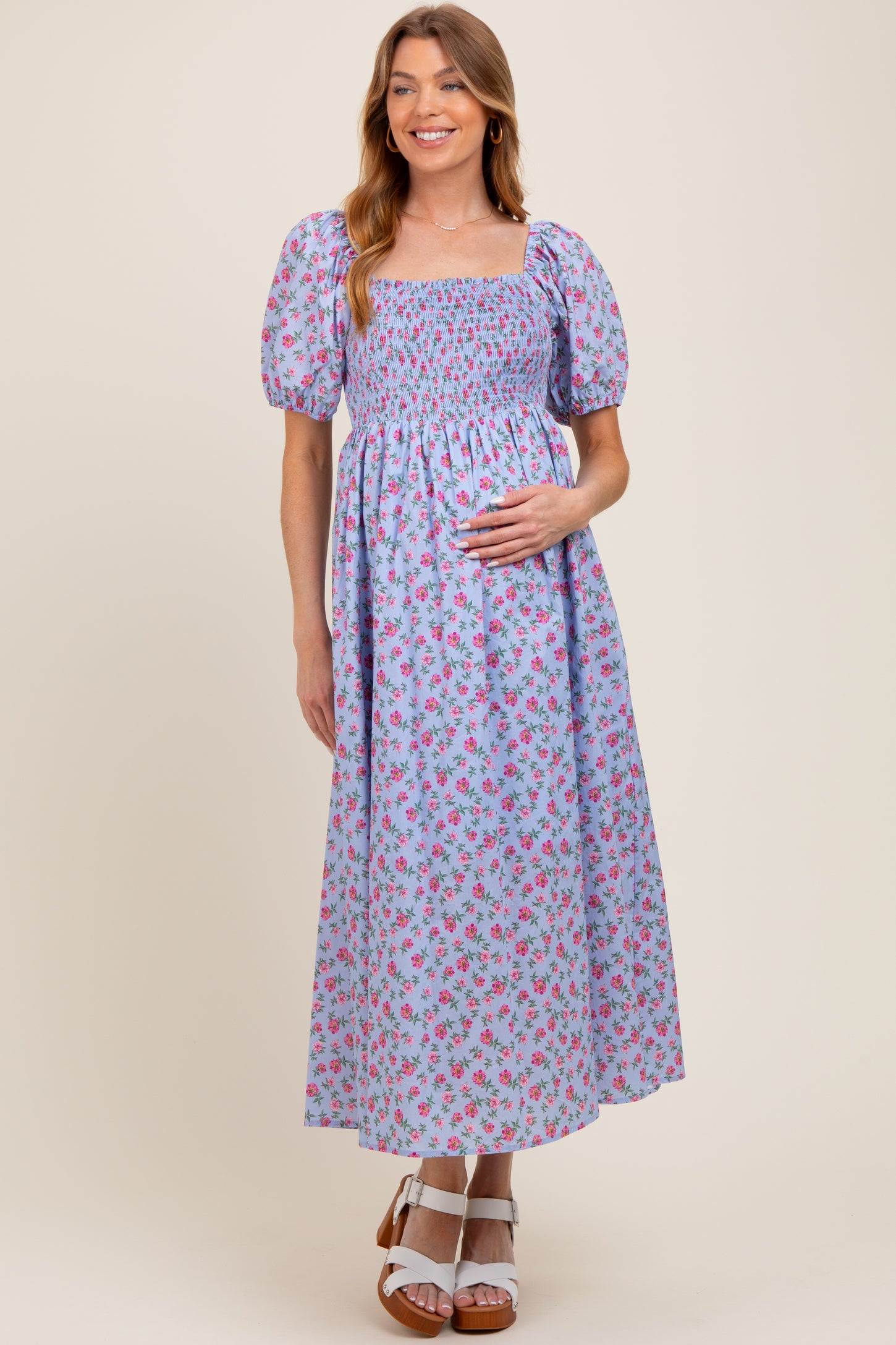 Light Blue Cotton Poplin Floral Smocked Maternity Midi Dress