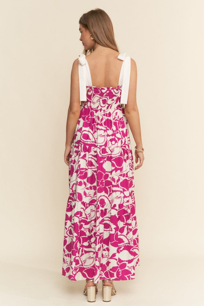 Fuchsia Bloom Floral Print Smocked Maxi Dress