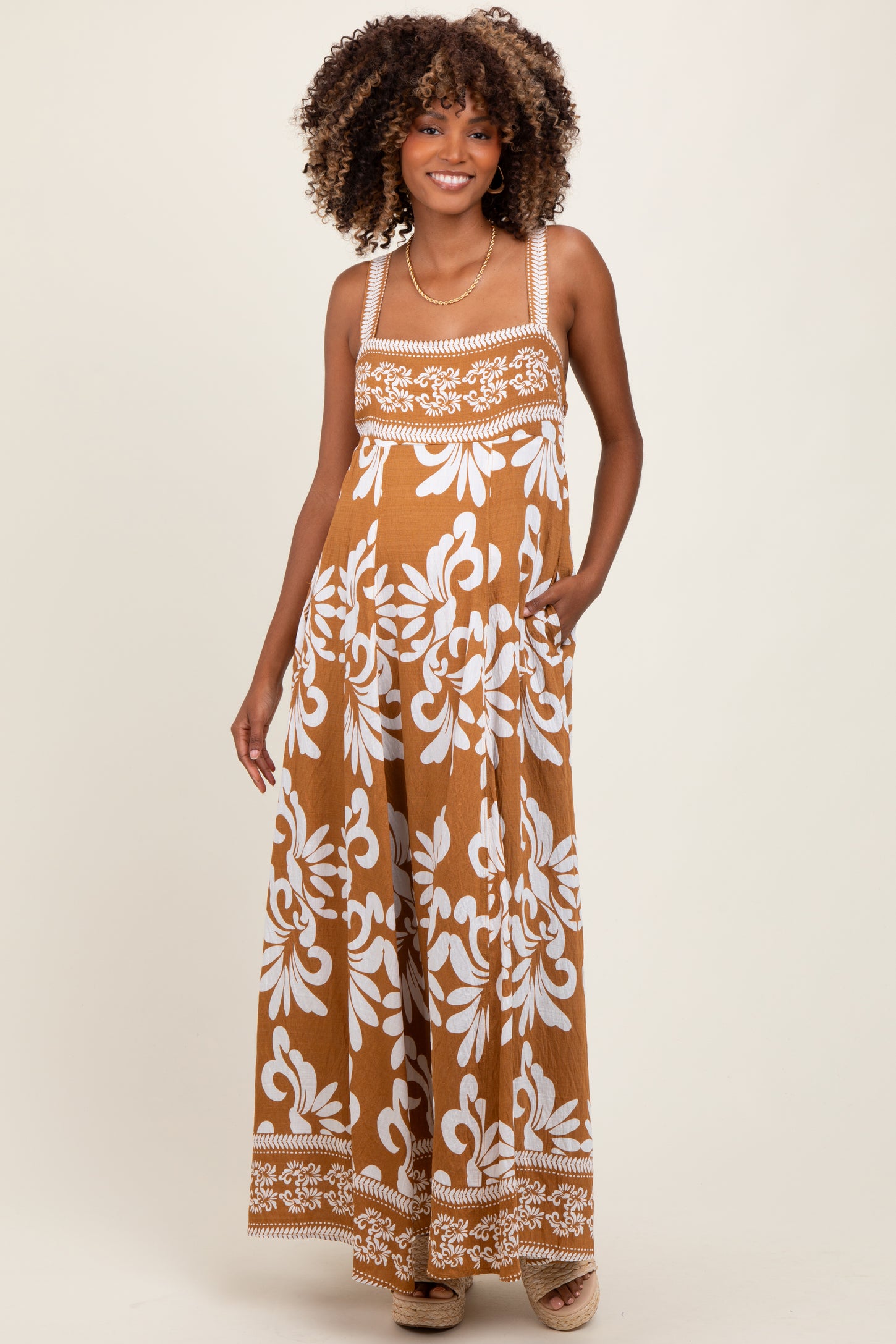 Camel Resort Border Print Maternity Maxi Dress