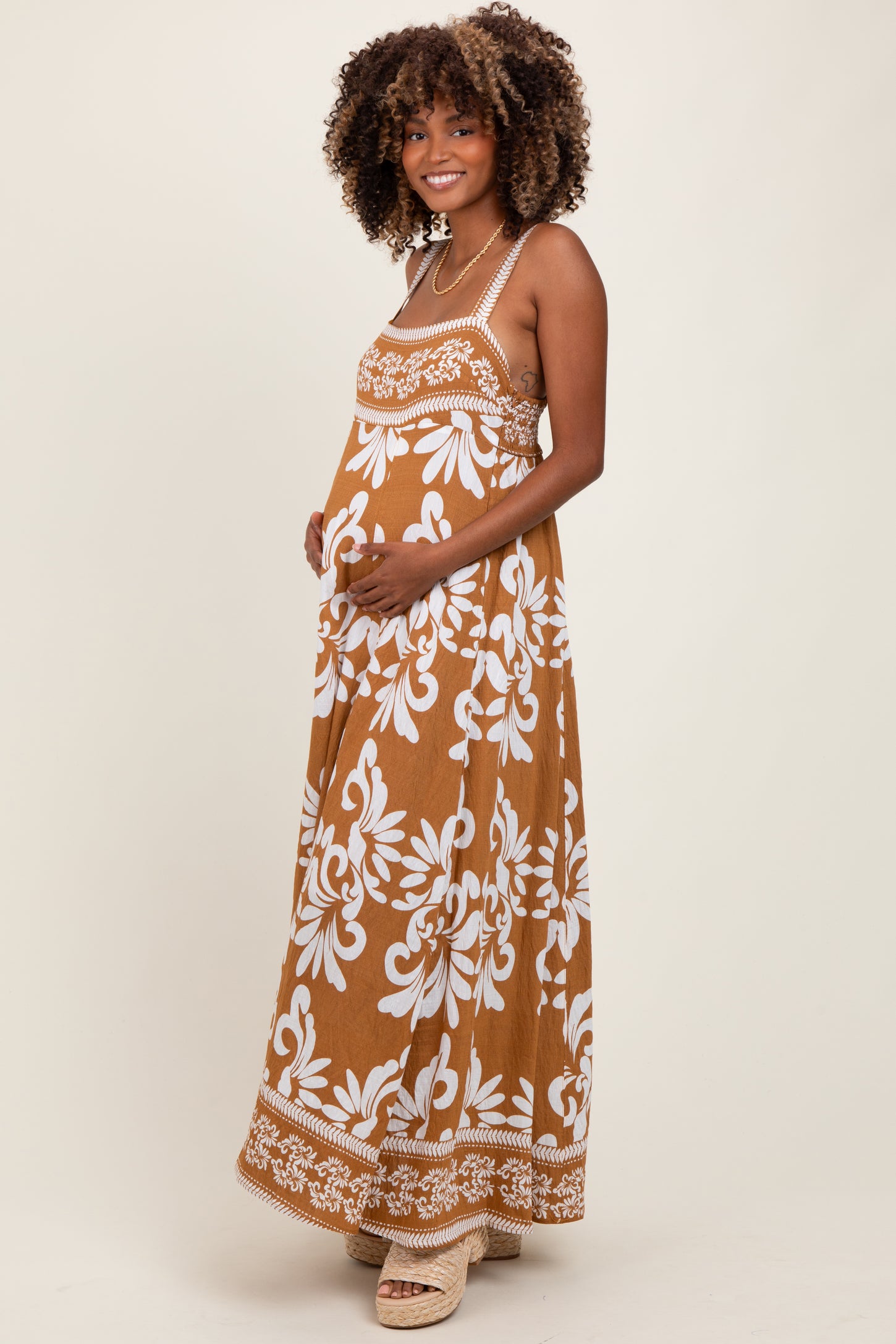 Camel Resort Border Print Maternity Maxi Dress