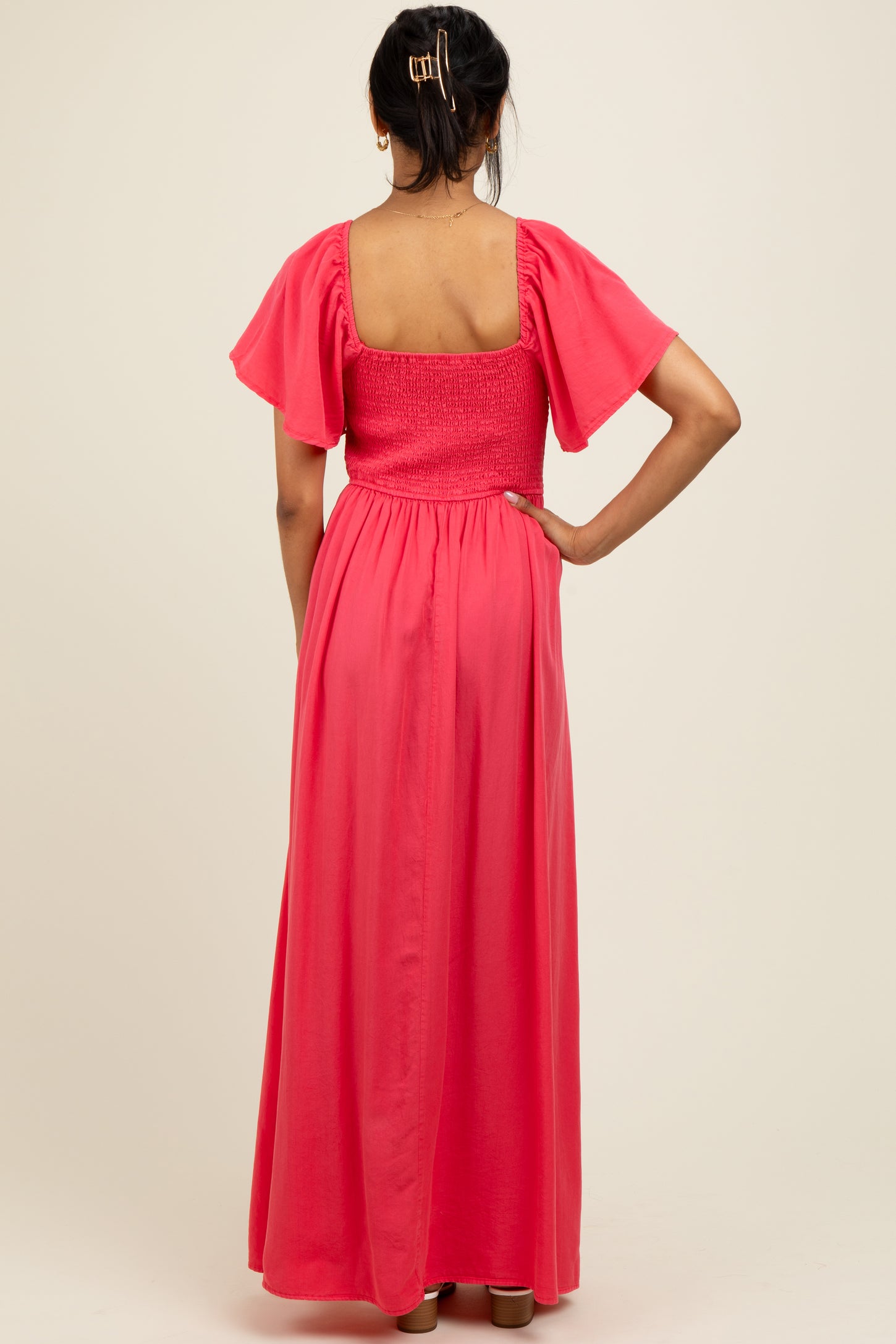 Coral Chambray Smocked Maxi Dress