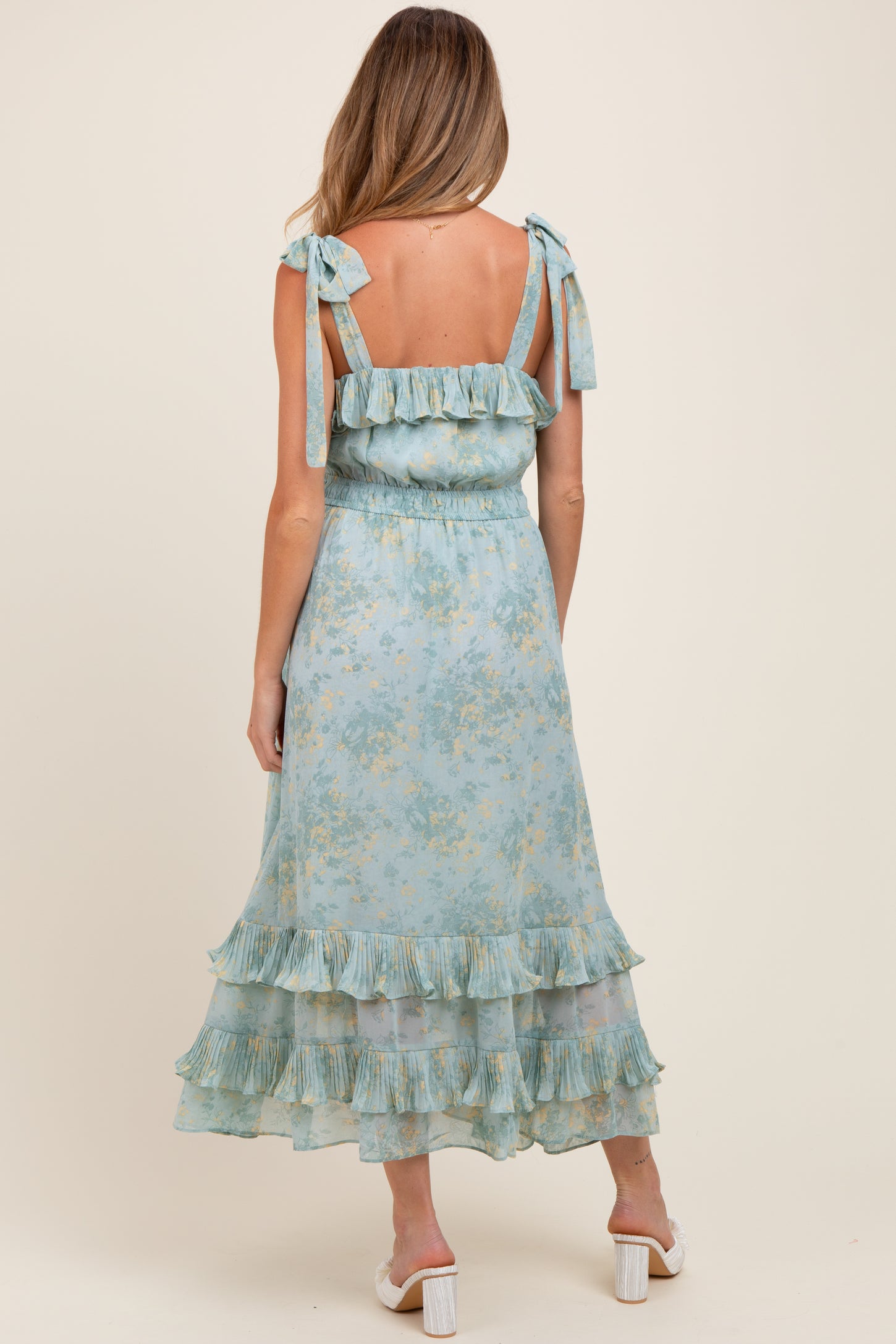 Mint Floral Chiffon Pleated Ruffle Maternity Midi Dress