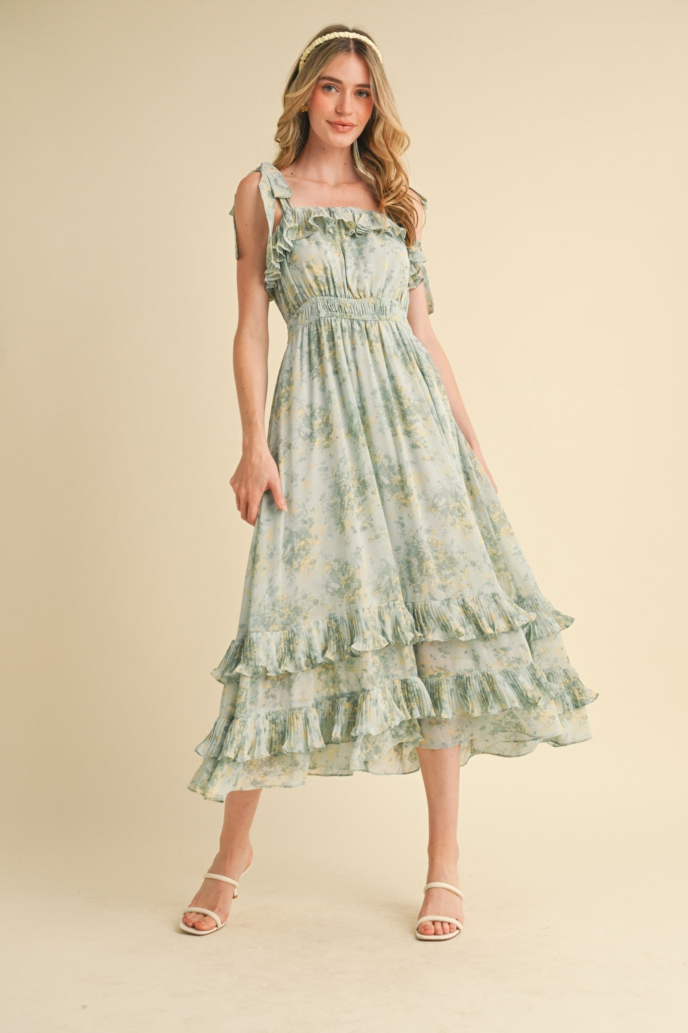 Mint Floral Chiffon Pleated Ruffle Maternity Midi Dress