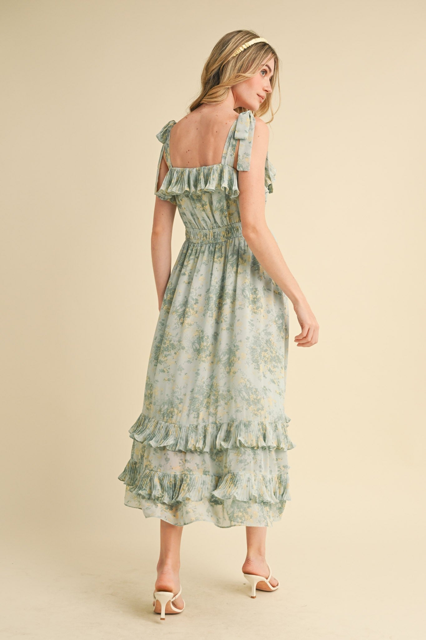 Mint Floral Chiffon Pleated Ruffle Midi Dress