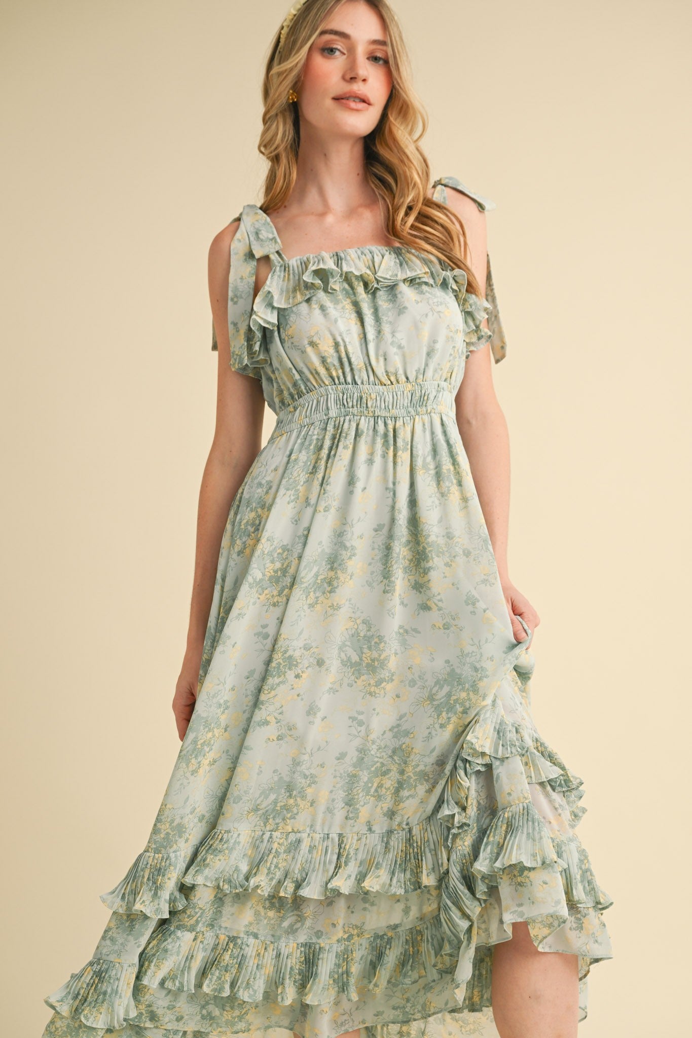 Mint Floral Chiffon Pleated Ruffle Midi Dress