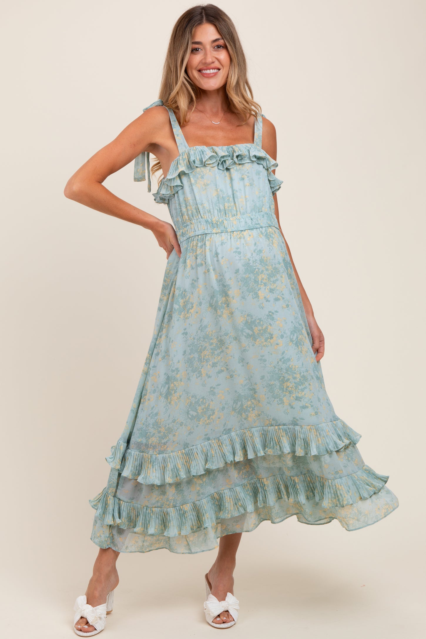 Mint Floral Chiffon Pleated Ruffle Maternity Midi Dress