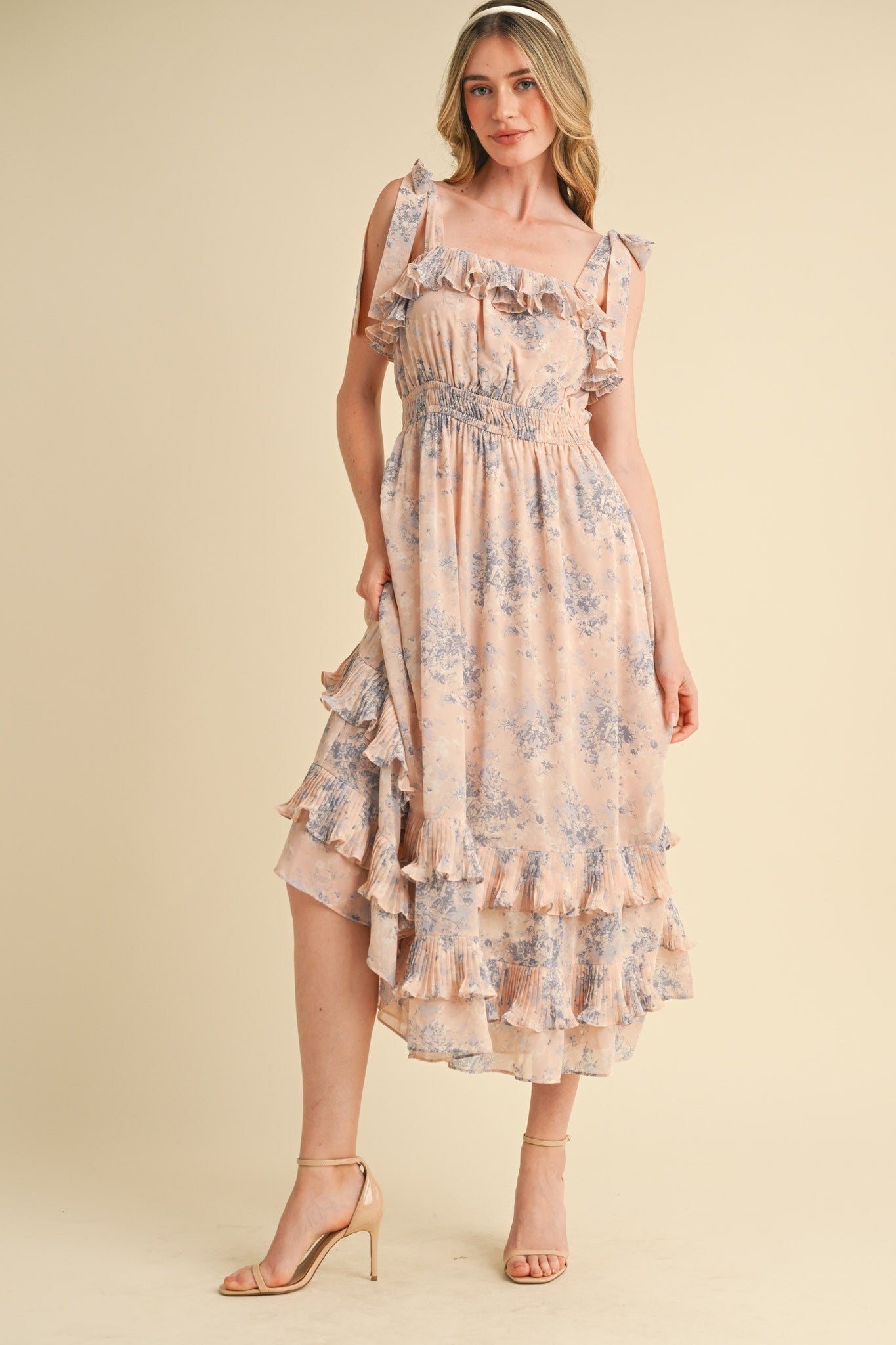 Light Pink Floral Chiffon Pleated Ruffle Midi Dress