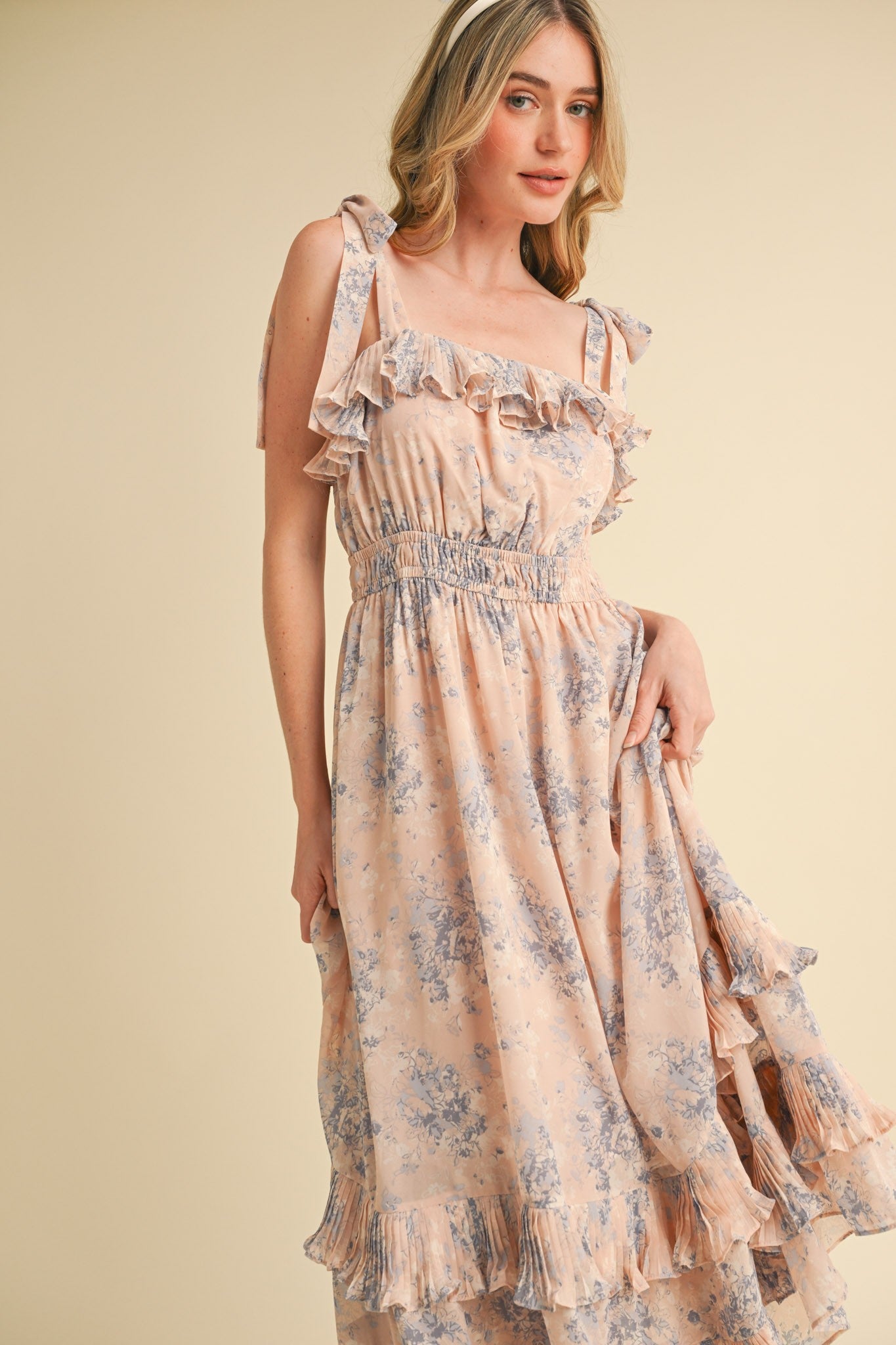 Light Pink Floral Chiffon Pleated Ruffle Midi Dress
