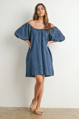 Navy Chambray Jacquard Puff Sleeve Mini Dress