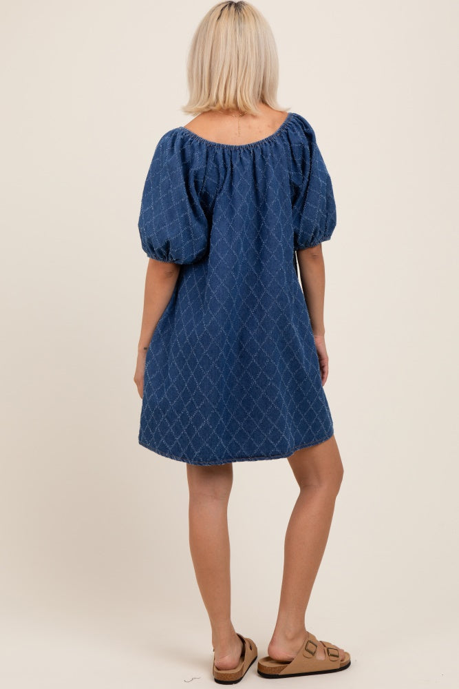 Navy Chambray Jacquard Puff Sleeve Maternity Mini Dress