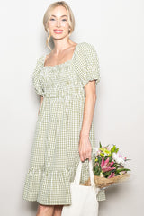Light Olive Gingham Smocked Puff Sleeve Dress
