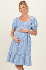 Blue Gingham Smocked Puff Sleeve Maternity Dress