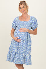 Blue Gingham Smocked Puff Sleeve Maternity Dress