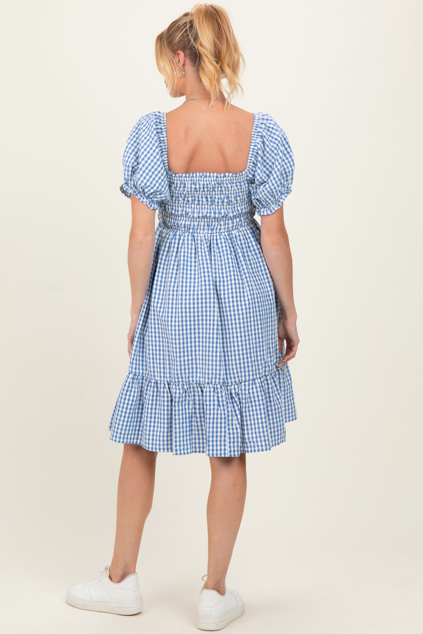 Blue Gingham Smocked Puff Sleeve Maternity Dress