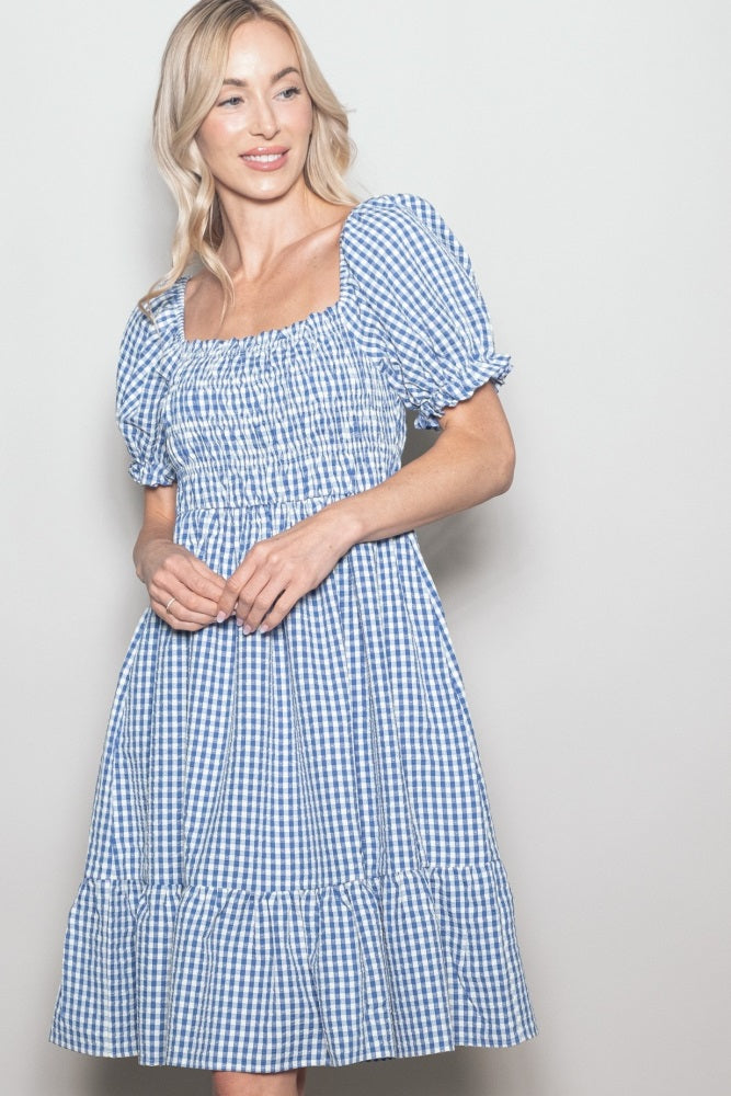 Blue Gingham Smocked Puff Sleeve Dress