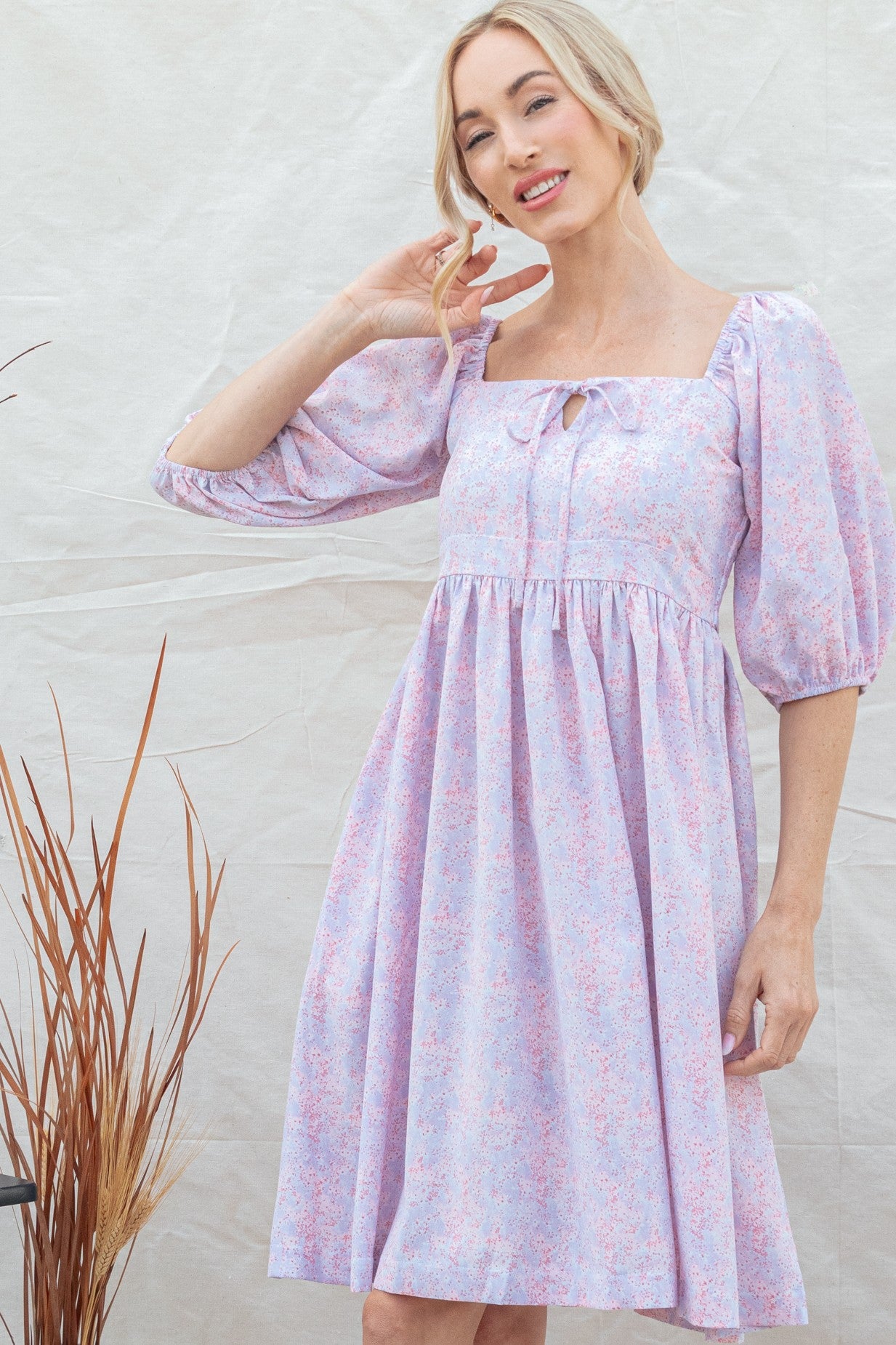 Lavender Floral Front Tie Dress