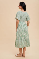 Green Floral Smocked Flutter Sleeve Midi Dress