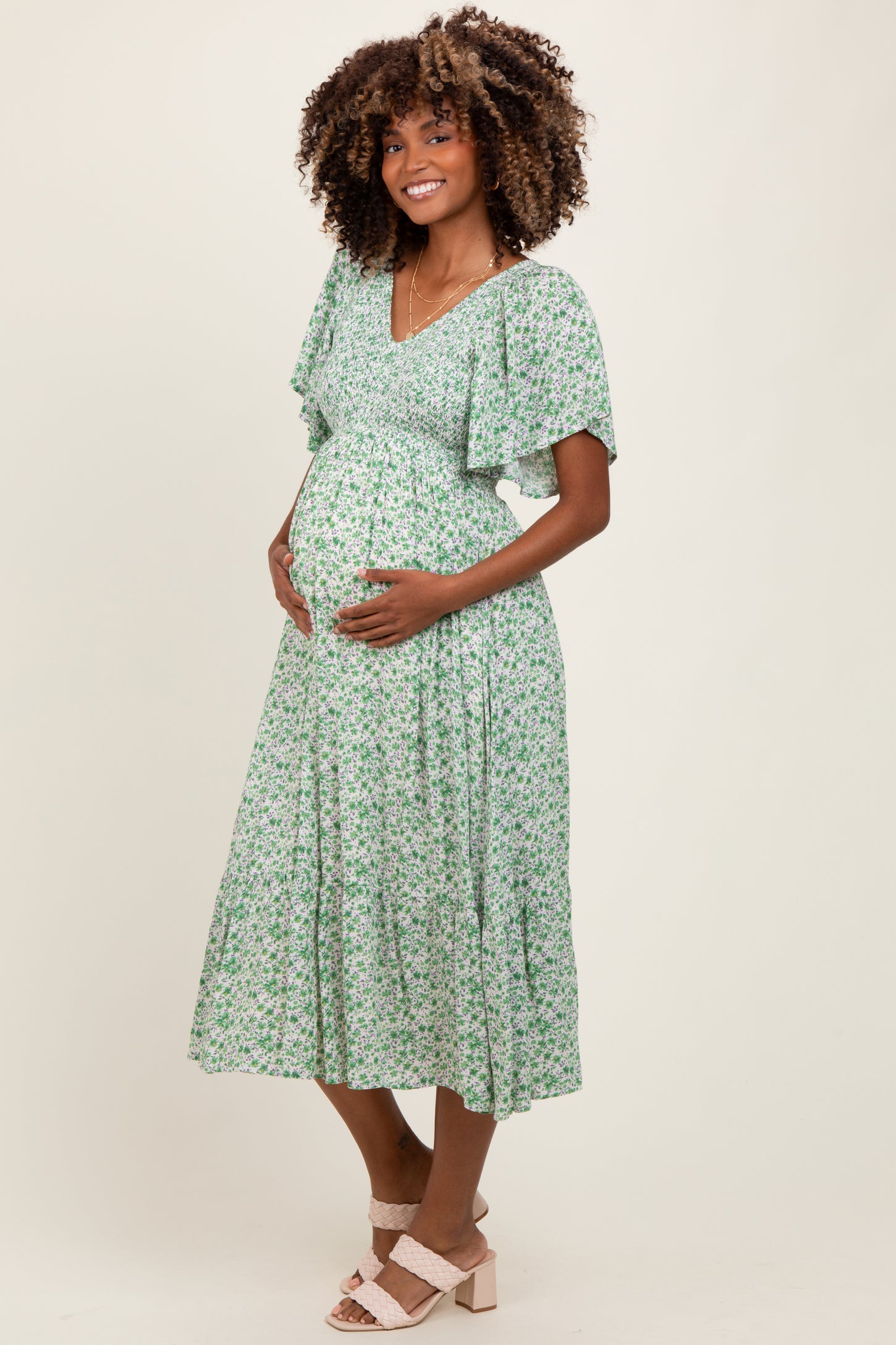 Green Floral Smocked Flutter Sleeve Maternity Midi Dress