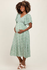 Green Floral Smocked Flutter Sleeve Maternity Midi Dress