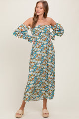 Deep Teal Floral Print Off Shoulder Smocked Maxi Dress
