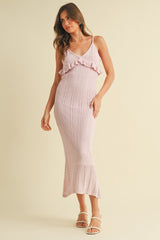 Light Pink Sleeveless Frill Sweater Midi Dress