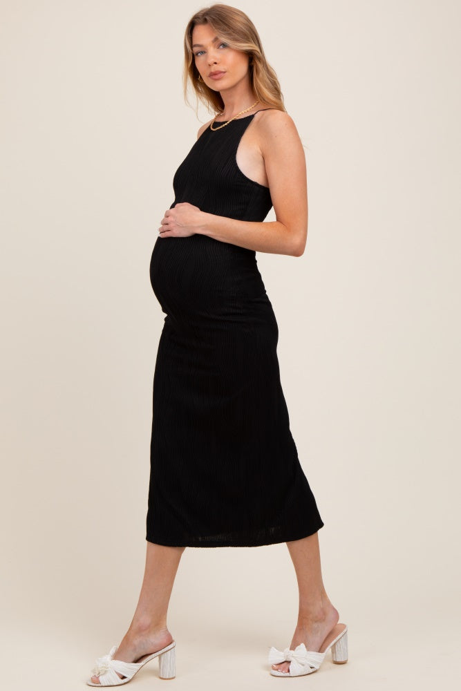 Black Textured Sleeveless Fitted Maternity Midi Dress
