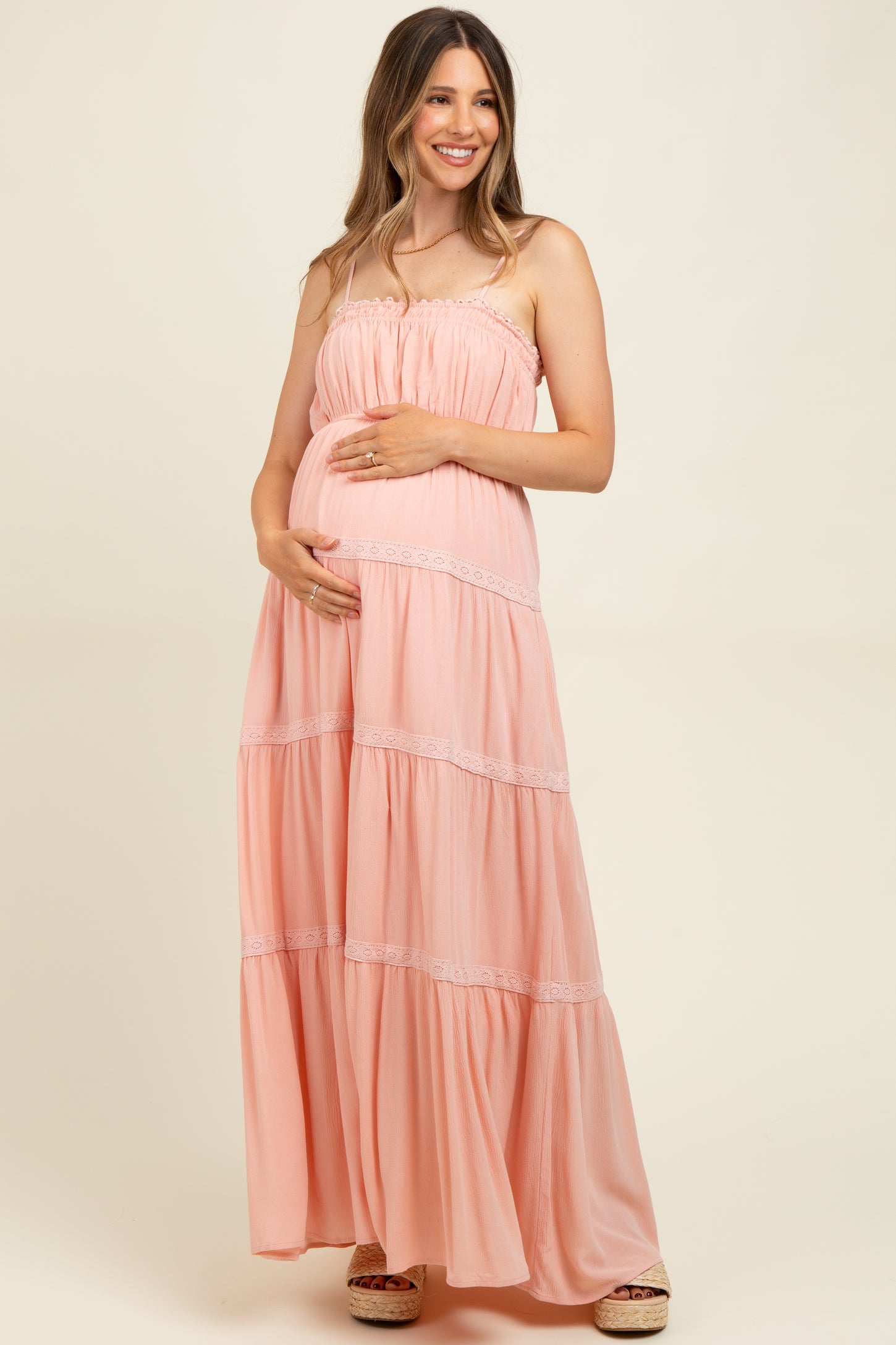 Light Pink Lace Tiered Sleeveless Maternity Maxi Dress