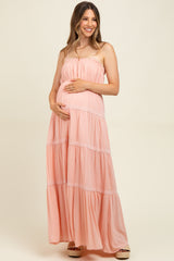 Light Pink Lace Tiered Sleeveless Maternity Maxi Dress