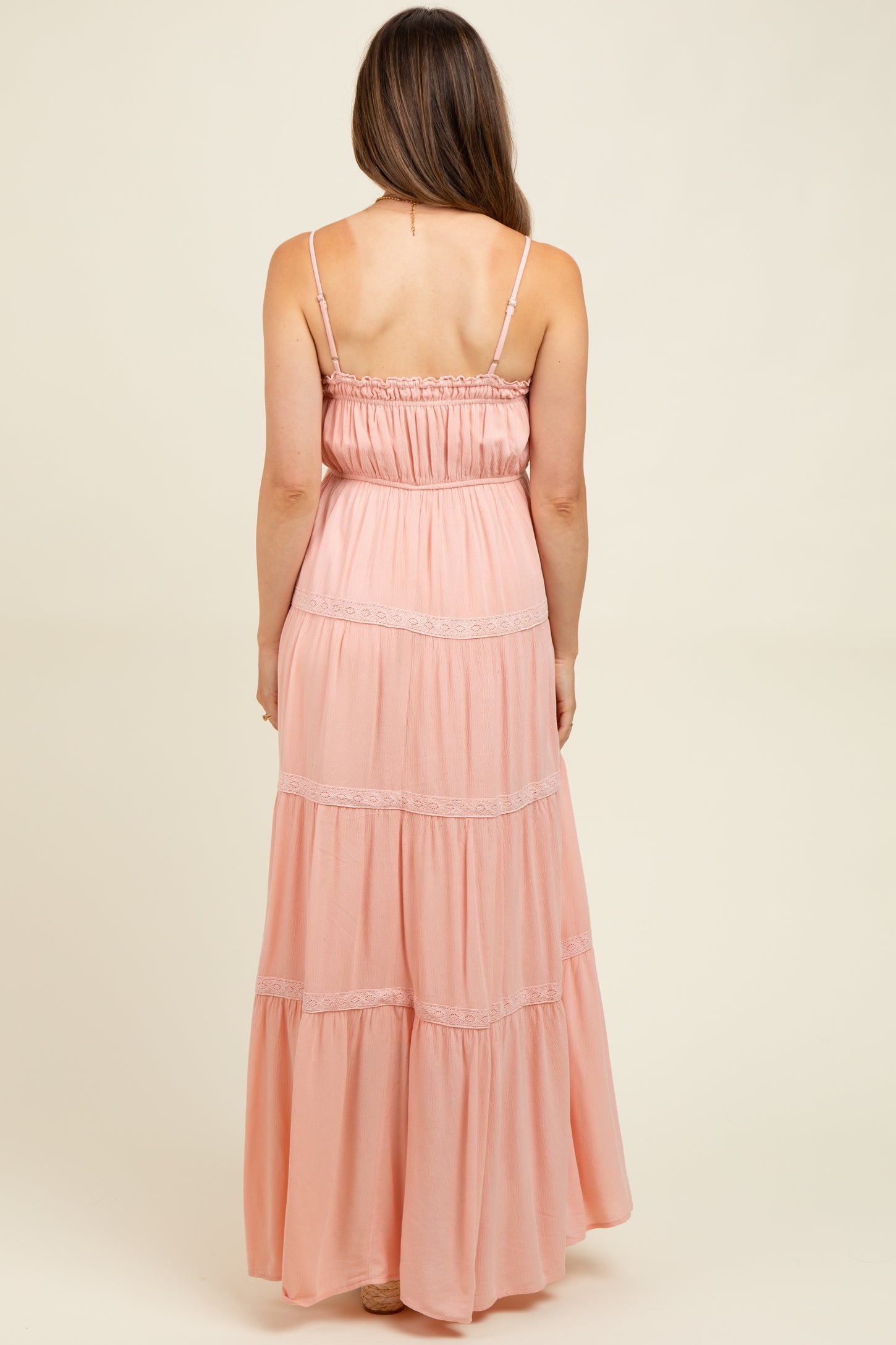 Light Pink Lace Tiered Sleeveless Maternity Maxi Dress