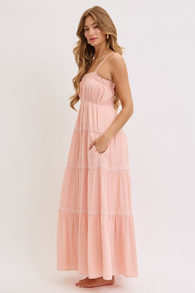 Light Pink Lace Tiered Sleeveless Maxi Dress