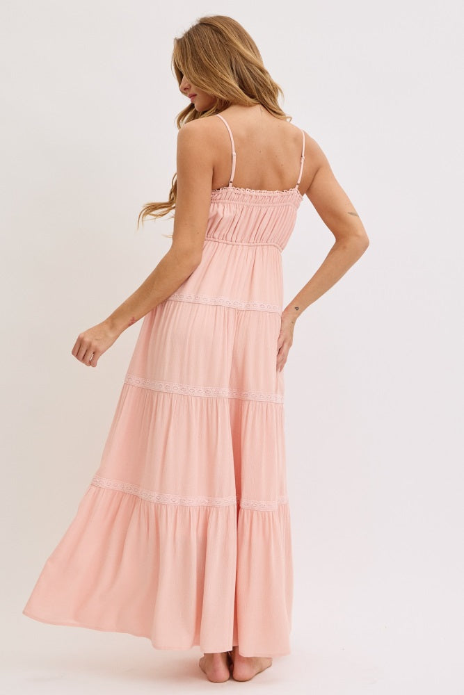 Light Pink Lace Tiered Sleeveless Maxi Dress