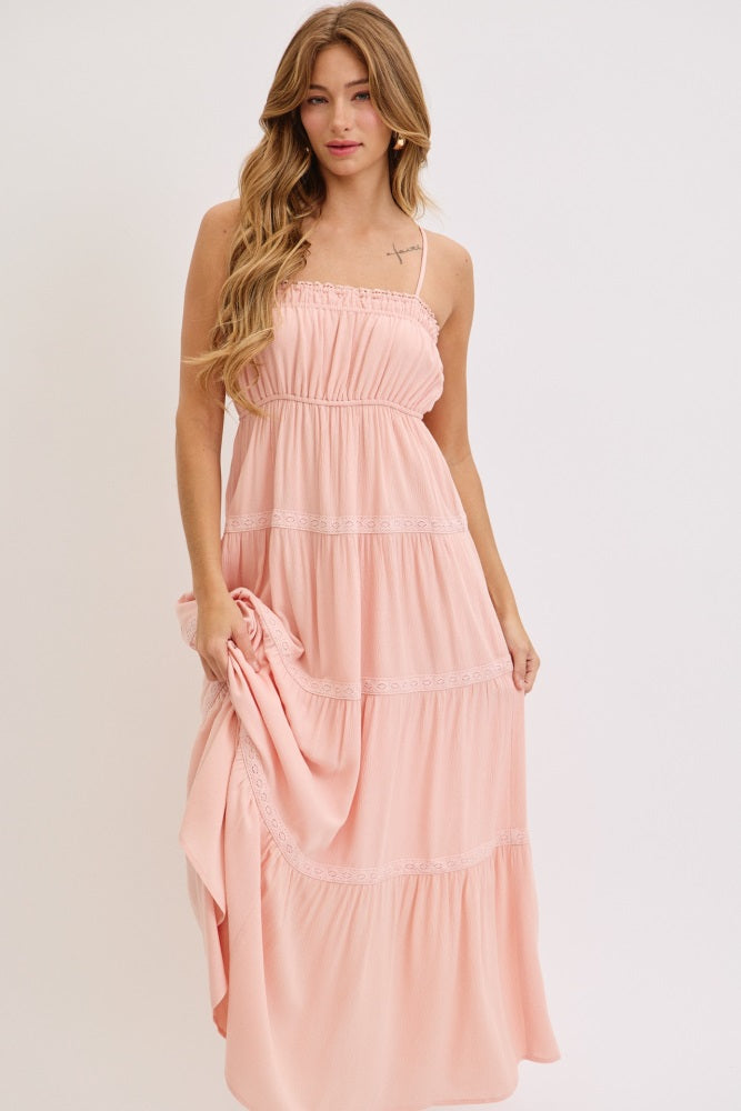 Light Pink Lace Tiered Sleeveless Maxi Dress