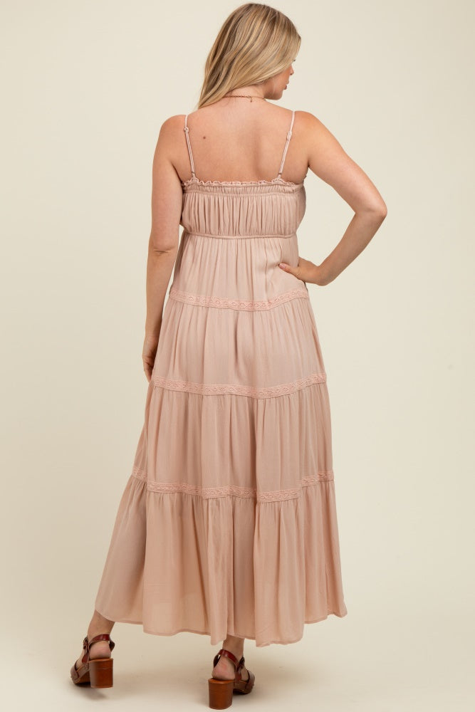 Cream Lace Tiered Sleeveless Maternity Maxi Dress