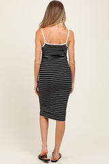 Black Striped V-Neck Sleeveless Maternity Midi Dress