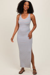 Light Blue Multicolor Striped Side Slit Maxi Dress