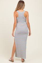 Light Blue Multicolor Striped Side Slit Maternity Maxi Dress