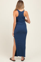 Navy Striped Side Slit Maternity Maxi Dress