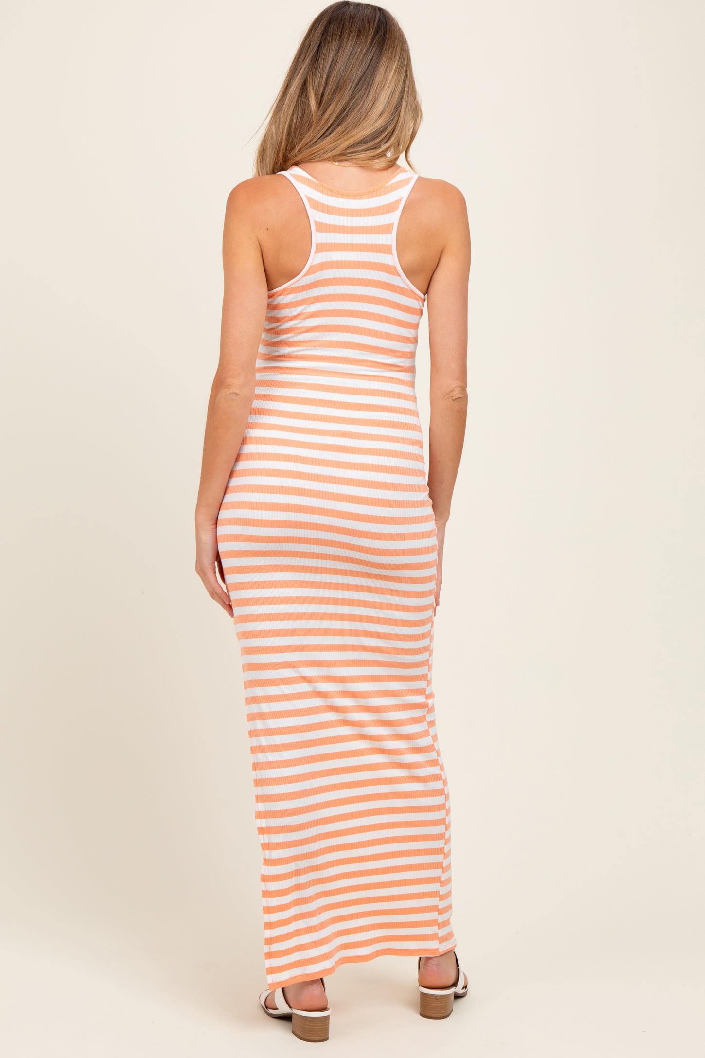 Peach Striped Side Slit Maternity Maxi Dress