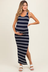 Navy Black Striped Side Slit Maternity Maxi Dress