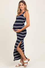 Navy Black Striped Side Slit Maternity Maxi Dress