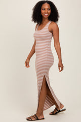 Beige Striped Side Slit Maxi Dress