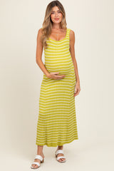 Lime Striped Ribbed Sleeveless Maternity Maxi Dress