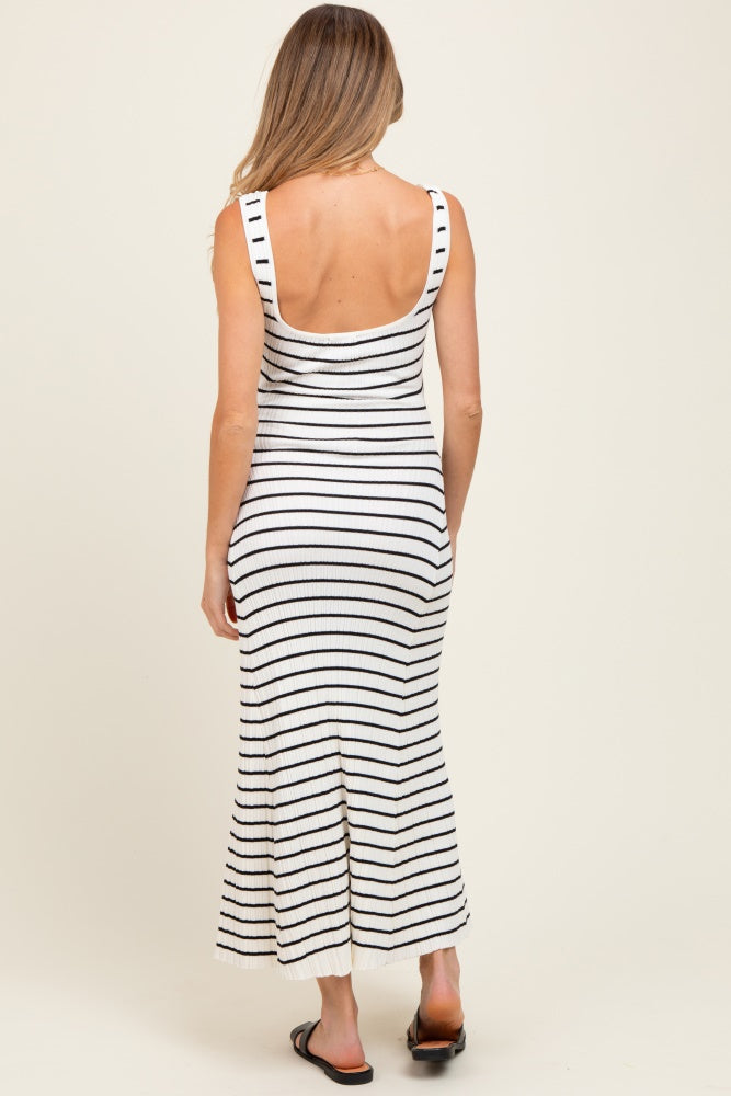 White Striped Ribbed Sleeveless Maternity Maxi Dress