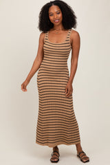 Camel Striped Ribbed Sleeveless Maternity Maxi Dress