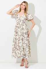 Cream Floral Puff Sleeve Pleated Bodice Maternity Maxi Dress