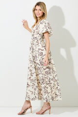 Cream Floral Puff Sleeve Pleated Bodice Maxi Dress